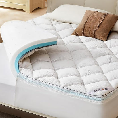 Bedlore 4-Inch Queen Mattress Topper for Back Pain - Dual Layer Medium Support (2" Gel Memory Foam + 2" Cooling Fluffy Pillow Top Pad), Breathable & Pressure Relief (White)