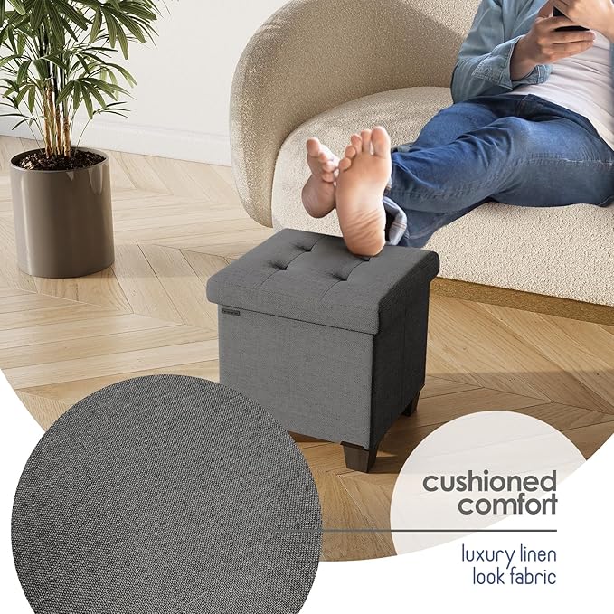 STORAGEBUD Storage Ottoman Cube with Small Bin, 16-in Square Ottoman with Storage for Living Room and Bedroom, Small Ottomans Foot Rest, Fabric Foot Stools Ottomans Max 330lbs, Grey