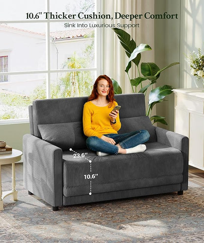 53” Convertible Sofa Bed Couch, Corduroy Couch Bed, 6-Position Loveseat Sleeper Sofa, Love Seat Sleeper Bed 23.6" Extra Deep Seat, Modern Couches for Living Room/Apartment/Home/Office, Grey