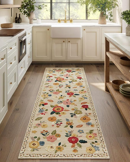 Machine Washable Runner Rug for Hallway: 2'6"x8' Kitchen Runners Rug with Rubber Backing Non Slip Stain Resistant Floral Floor Rug Soft Carpet Runners for Indoor Entryway Bedroom Bedside Living Room