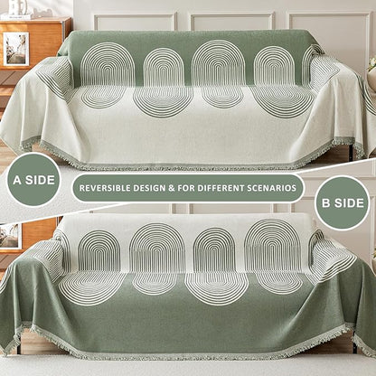 STACYPIK Green Geometric Couch Cover Boho Sofa Cover for Sectional Non-Silp Sofa Covers for Dogs Reversible Beige Couch Cover Loveseat Cover L Shaped Furniture Protector for 3 Cushion Couch-71X150IN
