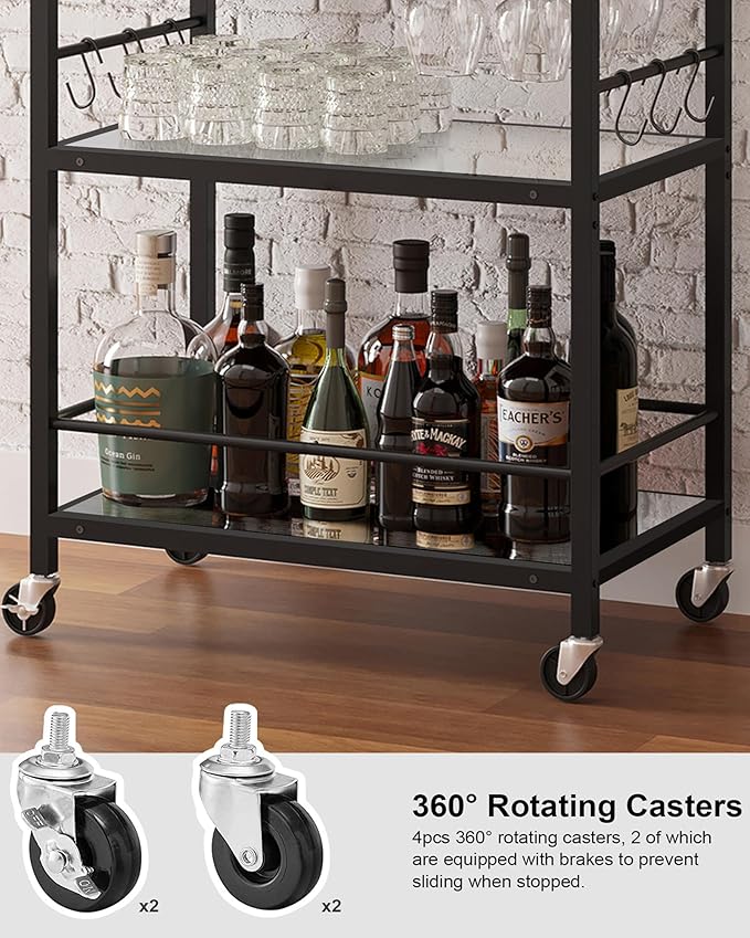 TUTOTAK Bar Cart, Home Bar Serving Cart with 3-Tier Mirrored Shelf, Drink Cart, Mobile Kitchen Shelf with Wine Rack, Rolling Beverage Cart, Black BC01BK033