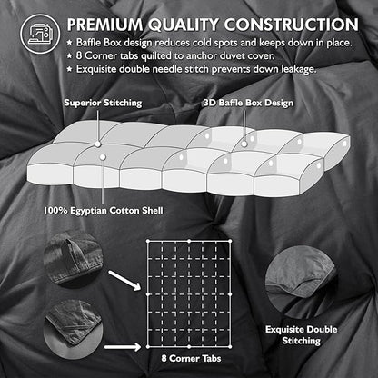 Luxurious All-Season Goose Down Feather Fiber Comforter King Size Duvet Insert, Exquisite Pinch Pleat Ruffled Twisted Flower, Premium Baffle Box, 100% Egyptian Cotton Cover, 70 oz. Fill Weight, Gray