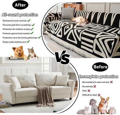 HANDONTIME Boho Armchair Slipcovers for Dogs - Black & Beige Chenille Couch & Sofa Covers for Recliner, Sectional - 59" X 71"