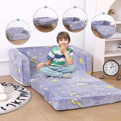 Foldable Kids Sofa,Soft Kids Fold Out Couch Glow in The Dark,Convertible Sofa to Lounger Toddler Sofa Chair(Space