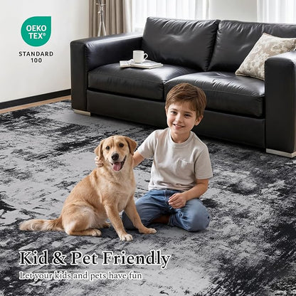 Rugflix 8x10 Area Rugs for Living Room, Washable Large Rug Stain-Resistant Low Pile, Modern Dark Carpet for Dining Room Home Office Kid Room Nursery Bedroom, Black Grey