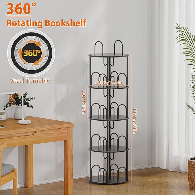4 Tier Rotating Bookshelf, 360° Spinning Bookshelf Tower, Round Narrow Space Saving for Books and Display, Revolving Bookcase Corner Tall Book Shelf for Small Spaces, Bedroom, Living Room, Black