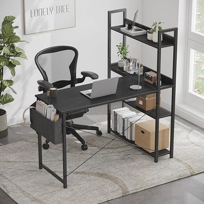 Treesland 47 Inch Computer Desk with Bookshelf, Corner Desk with Storage, L Shaped Desk, Home Office Desks, Writing Study Desk for Bedroom, Black