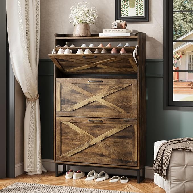 Maupvit Shoe Storage Cabinet with 3 Flip Drawers, Freestanding Organizer with Metal Legs for Entryway, Narrow Shoe Rack Cabinet, Rustic Brown
