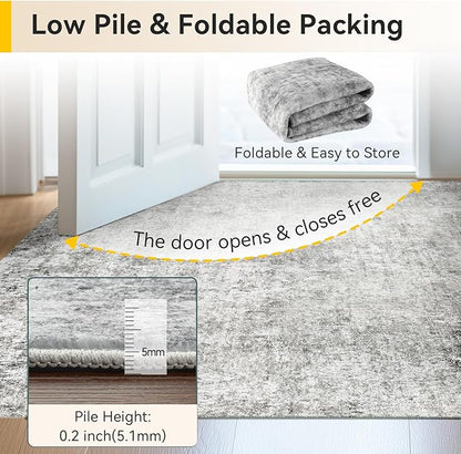 Washable Area Rugs 4'x6' Non-Slip Modern Abstract Soft for Living Room Entryway Bedroom Nursery, Print Pattern, Gray White Grey