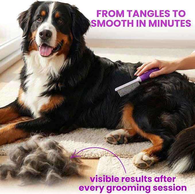 Poodle Pet Detangling Pet Comb with Long & Short Stainless Steel Teeth for Removing Matted Fur, Knots & Tangles – Detangler Tool Accessories for Safe & Gentle DIY Dog & Cat Grooming
