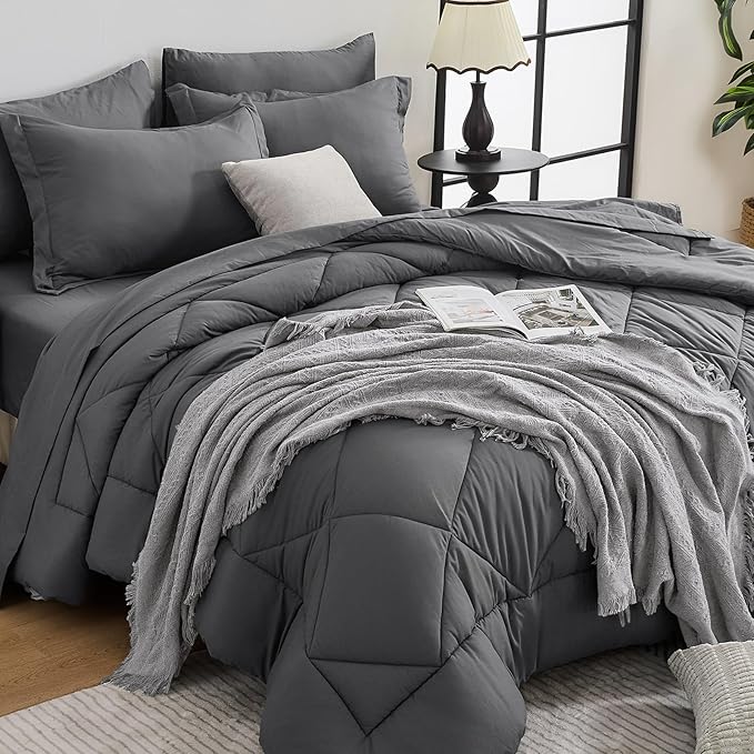 HEVUMYI 120x98 Oversized King Comforter Set Dark Grey- 7-Piece All Season Bed in a Bag Oversized King, Soft Bedding Set with Comforter, Flat Sheet, Deep Pocket Fitted Sheet, Pillowcases, Pillow Shams