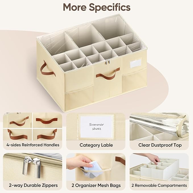 Shoe Organizer for Closet, 2 Pack Shoe Storage Containers with Adjustable Dividers, Space Saving Shoe Box Storage Organizers Bins with Clear Lid & 4 Handles, Fits 24-48 Pairs, Beige