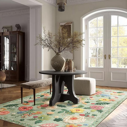 Machine Washable Area Rugs for Bedroom: 5'x7' Living Room Rug Floral Vintage Rug Stain Resistant Non Slip Low Pile Faux Wool Soft Green Rugs for Dining Room Bedside Kitchen Entryway Nursery Office