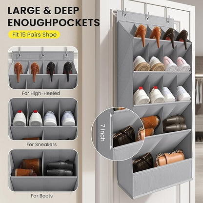15 Pockets Over the Door Shoe Organizer, Shoe Rack for Closet Door with Large Breathable Pockets, Hanging Shoes Rack for Boots Size, Behind the Door Organizer Shoe Holder for Flexible Storage, Grey ﻿