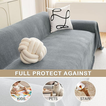 hyha Couch Cover for Dogs, Boho Sofa Covers for 3 Cushion Couch Washable, Chenille Sofa Slipcover for Pets, Soft Loveseat Sectional Couch Throw Blankets with Tassels (Grey, 88.5x134 Inch)