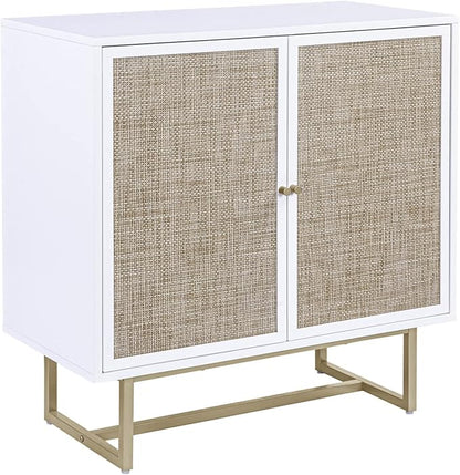 Nathan James Kova Rattan Wood Accent Natural Sideboard Storage Cabinet TV Stand with Matte Metal Frame, Adjustable Shelves and Cane Doors, for Hallway, or Living Room, White/Cane/Brass, Set of 4