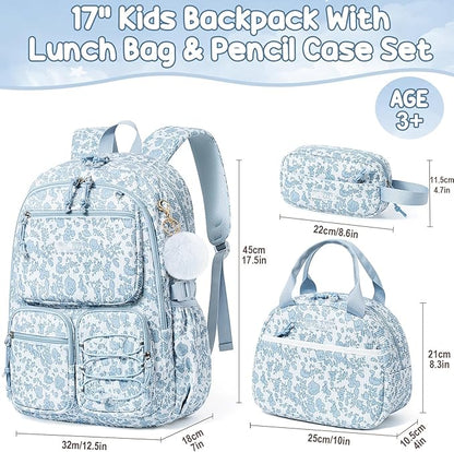 Fimibuke School Backpack for Girls Boys - 3PCS Corduroy Kids Backpack Set with Lunch Box & Pencil Pouch, Lightweight Teen Girls School Bag Laptop Bag Travel Daypack for Elementary Middle High School