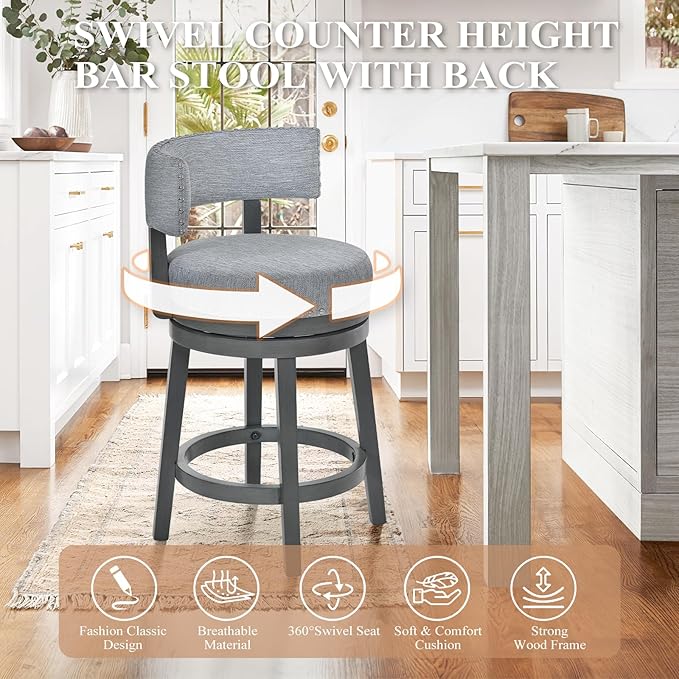 COLAMY Swivel Counter Height Bar Stools Set of 4, 25 Inch Modern Upholstered Kitchen Island Barstools with Back, Wood Swivel Bar Chairs for Counter Bar Dining Room, Grey