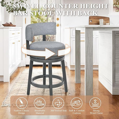COLAMY Swivel Counter Height Bar Stools Set of 4, 25 Inch Modern Upholstered Kitchen Island Barstools with Back, Wood Swivel Bar Chairs for Counter Bar Dining Room, Grey