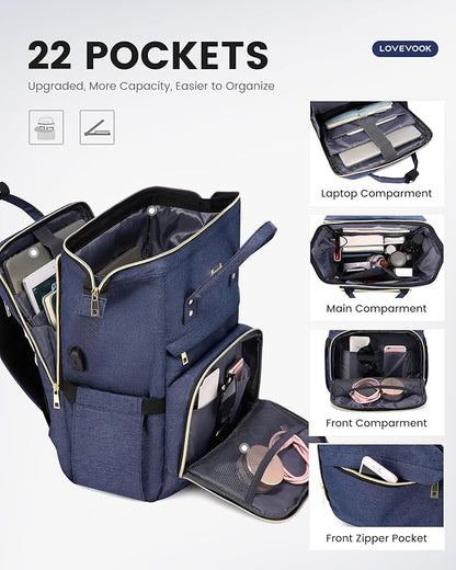 LOVEVOOK 17.3 Inch Laptop Backpack, Large Travel Backpack for Women, Water Resistant Teacher Backpack with Laptop Compartment, Professional Business Work bags with Charger, Navy Blue