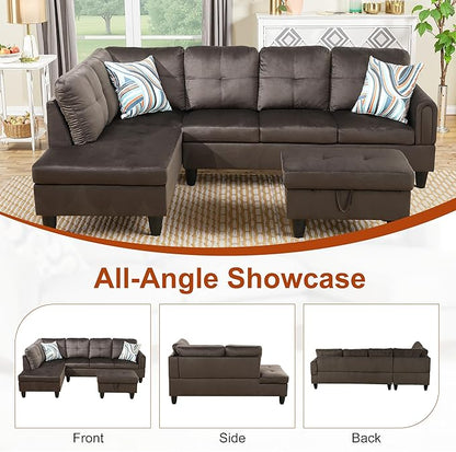 Osparple L Shaped Couch Sectional Couches for Living Room Upholstered Flannel 3 Pieces Modular Sectional Sofa with Chaise, Ottoman with Storage for Living Room and Small Apartment, Dark Brown