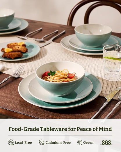Famiware Glacier Dinnerware Sets, Plates and Bowls Dish Sets for 8 (24 Pieces), Stoneware Tableware - Dishwasher and Microwave Safe, Handcrafted Reactive Glaze, Aqua