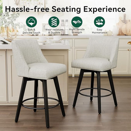 Vipbear Swivel Counter Height Bar Stools Set of 6,26.8" H Counter Stools with Back, Mid Century Modern Bar Stools for Kitchen Island,Linen Fabric,Wooden Base, White