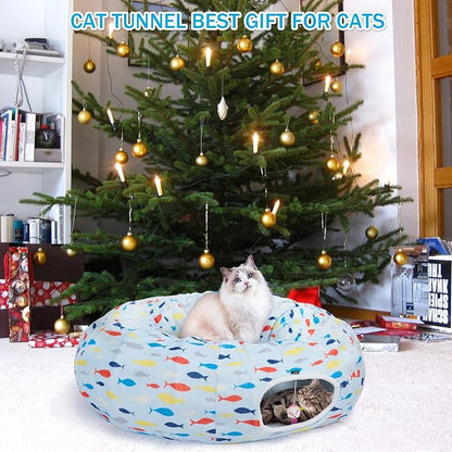 Ownpets Large Cat Tunnel Bed, Soft Plush Cat Donut Tunnel Bed with Washable Cushion, Peekaboo Cat Cave for Indoor Kitten, Puppy, Rabbit, Blue