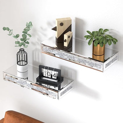 SHYFOY Mirrored Floating Shelves for Wall Decor Storage, Glitter Glass Wall Mounted Shelves for Bedroom, Living Room, Bathroom, Kitchen, Office and More, Set of 2, Silver