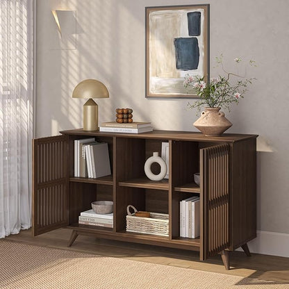 Plank+Beam Mid-Century Modern Wood TV Stand, Solid Wood Entertainment Console with Storage, 49" L x 16" W x 30" H, Walnut