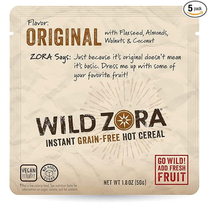 Wild Zora Instant Grain-Free Hot Cereal - Tasty Paleo Friendly Cereals, Instant Hot Meal, Breakfast to Go, Oatmeal Substitute, No Added Sugar, Grain, Dairy, or Soy, Gluten Free, Original Flavor, 5-pack