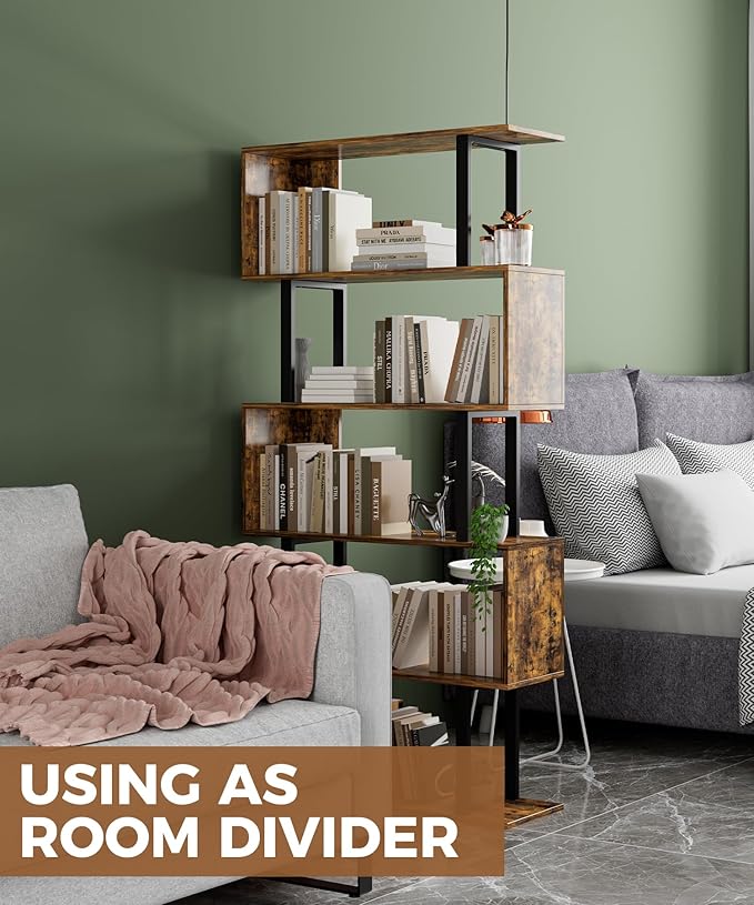 Gadroad 5-Tier Geometric Bookcase,S Shaped Bookshelf, Wood Decorative Storage Shelving, Modern Freestanding Display Shelves, Tall Book Shelf Unit for Living Room Bedroom, Rustic Brown
