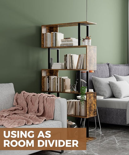 Gadroad 5-Tier Geometric Bookcase,S Shaped Bookshelf, Wood Decorative Storage Shelving, Modern Freestanding Display Shelves, Tall Book Shelf Unit for Living Room Bedroom, Rustic Brown