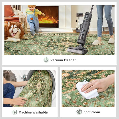 3x7 Runner Rugs for Hallway Non-Slip Hallway Runner Rug with Rubber Backing Washable Rug Runner for Kitchen Bedroom Vintage Distressed Carpet (Border Green)