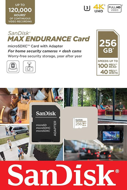 SanDisk 256GB MAX Endurance microSDXC Card with Adapter for Home Security Cameras and Dash cams - C10, U3, V30, 4K UHD, Micro SD Card - SDSQQVR-256G-GN6IA