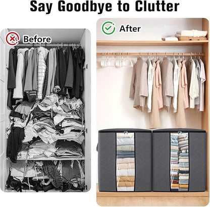 Clothes Storage Bags, 4-Pack Comforter Blanket Organizers, 80L Large Capacity Containers with Visual Window for Clothing, Quilt, Sheet, Pillow, Closet Organization for Bedding (Grey)