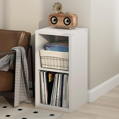 Furinno Cubicle Record Player Stand with Vinyl Storage, 2-Cube 1.2 Extra Thick Vinyl Record Storage, Open Back Media Shelf for CD DVD Blueray Game Disc, for Living Room, Home Office, White