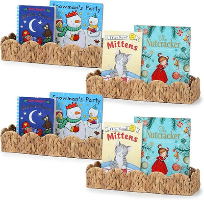 4 Pack Nursery Book Shelves, Scalloped Water Hyacinth Book Shelf for Kids Rooms, Handwoven Floating Book Shelves for Wall, 15.8” Wicker Hanging Bookshelf for Books, Toys, Photo Frames, Nursery decor
