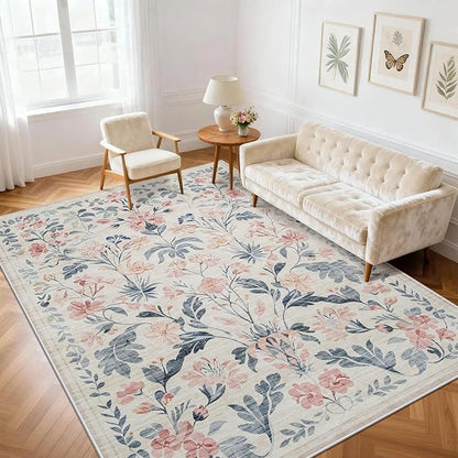 5x7 Area Rugs Washable Rug: Lagre Boho Living Room Rug Soft Non-Slip Thin Carpet Indoor Floor Non-Shedding Neutral Floral Carpets for Bedroom Dining Room Farmhouse Nursery Multi