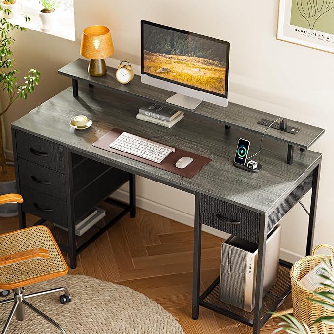 Huuger 55 inch Computer Desk with 4 Drawers, Gaming Desk with LED Lights & Power Outlets, Home Office Desk with Large Storage Space for Bedroom, Work from Home, Gray