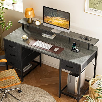 Huuger 55 inch Computer Desk with 4 Drawers, Gaming Desk with LED Lights & Power Outlets, Home Office Desk with Large Storage Space for Bedroom, Work from Home, Gray