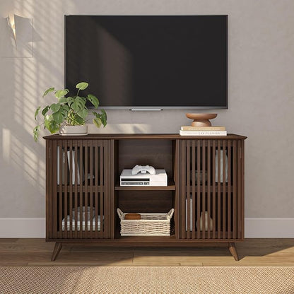 Plank+Beam Mid-Century Modern Wood TV Stand, Solid Wood Entertainment Console with Storage, 49" L x 16" W x 30" H, Walnut