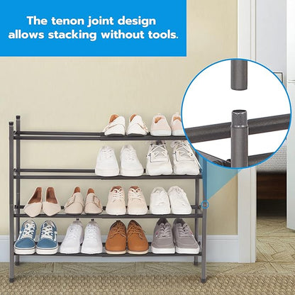 STORAGE MANIAC Expandable Shoe Rack, 16 Pairs Stackable Small Shoe Rack, Metal Adjustable Shoes Organizer for Closet, Entryway, Hallway, Garage, Front Door, Shoes Shelves, Black 4 Tier