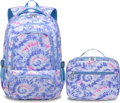 BLUEFAIRY Kids Backpack with Lunch Box for Girls Boys Elementary Primary Middle School Bag with Lunch Bag Set 17 Inch Bookbag Mochilas Escolares para Niñas Niños (Tie-dye, Light Violet)