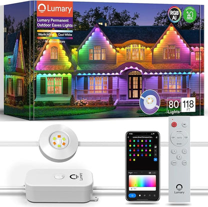 Lumary Permanent Outdoor Lights Pro 105ft with 80LED RGBAICW Smart Eave Light for Chirstmas, Work with Alexa Google IP67 Waterproof, Color Changing & White, Multi Scene for Daily Accent Lighting Decor