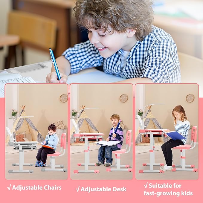 Rengue Kids Desk and Chair Set Height Adjustable Children School Study Desk and Chair with 55° Tiltable Desktop, 3 Mode & Brightness LED Lamps, Storage Drawer & Metal Hook for Boys Girls Gifts (Pink)