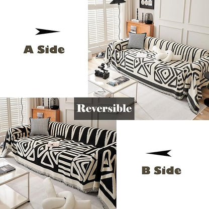 VM VOUGEMARKET Geometric Couch Cover for 3 Cushion Boho Chenille Sofa Cover Dog Proof Universal Sofa Slipcover L Shaped Furniture Cover with Tassels Sectional Couch Cover-71 x 134,Black