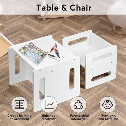 Kids Table and Chair Set,Montessori Weaning Table and Chair,Natural Bamboo Small Desk Chair,Toddler Activity Table and Chair Set for 1-3 Year Old Kids Dinner,Reading,Playing Toys,CPC Certified, White