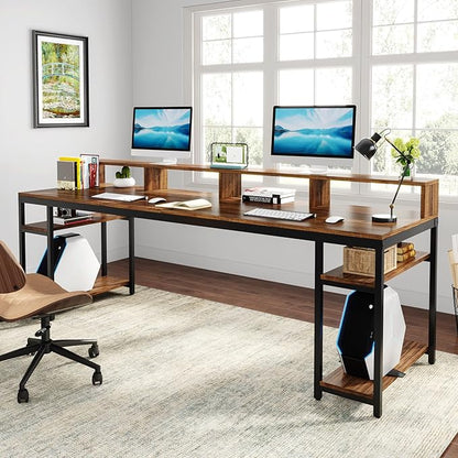 Tribesigns Two Person Desk with Monitor Stand, 78.74" Long Double Computer Office Desk with Storage Shelves, Large Gaming Study Writing Table Workstation for Home Office (Rustic Brown)